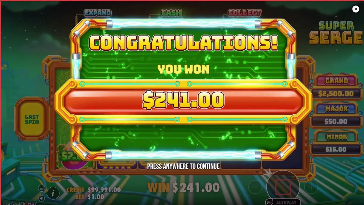 Isang makulay na neon-lit na grid ng slot game na Super Serge na may mga tool symbols.